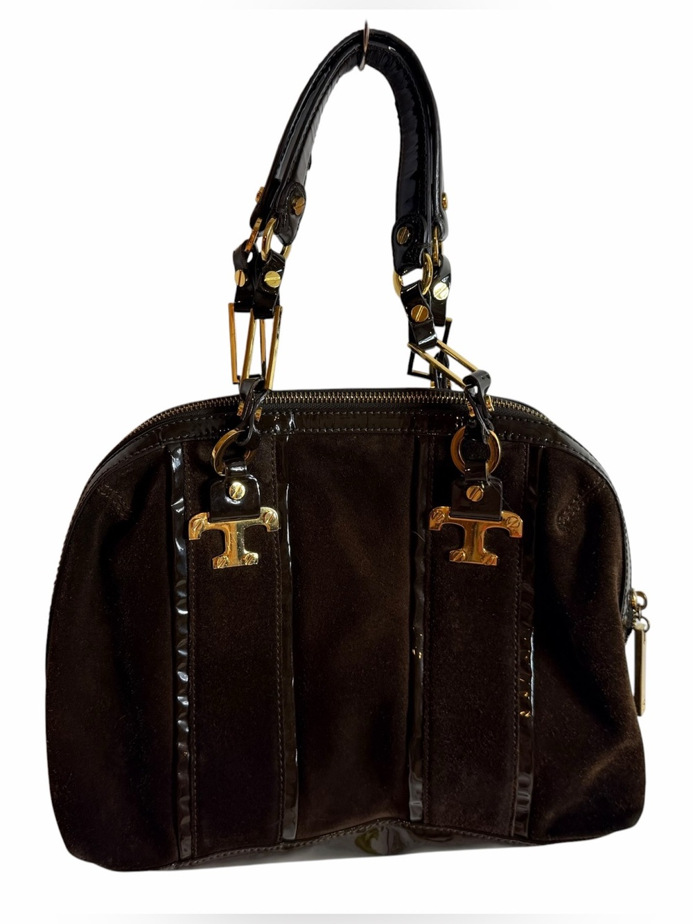 Tory Burch Brown Suede Leather Dome Satchel Gold Hardware Top Handle Bag